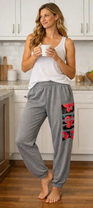VS PINK Grey Tropical Print Boyfriend Sweat Pants Medium Oversized thumbnail 1