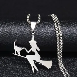 Witch Broom Cat Pendant Necklace Women Witchcraft Silvery Color Hollow Out‎ thumbnail 9
