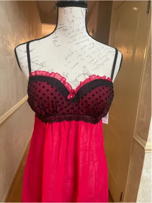 Linea Donatella Red Black Lace Babydoll Chemise Thong Set NWT Size S and M thumbnail 2