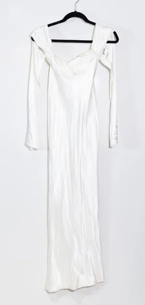 Meshki Giselle Off Shoulder Cowl Neck Long Sleeve Satin Maxi Dress White XS thumbnail 1