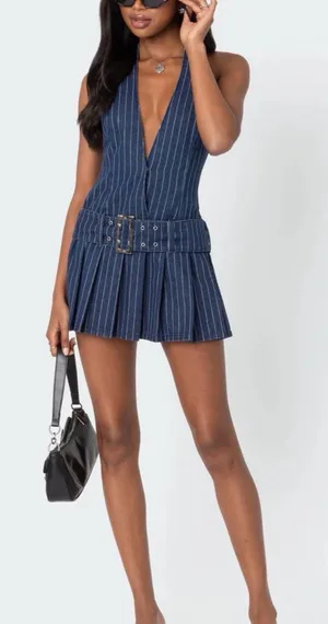 EDIKTED Belted Pinstripe Denim Mini Dress thumbnail 1