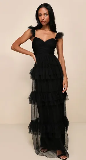 LULU'S Pure Radiance Black Mesh Swiss Dot Tiered Maxi Dress Size XS thumbnail 1