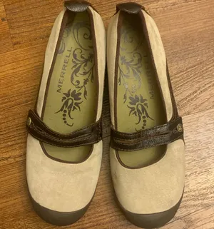 Merrell Mary Jane slip on. 8.5 dark taupe tan suede upper w/ leather accents thumbnail 1