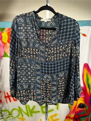 P290. LOFT Blue Patchwork Print Long Sleeve Top thumbnail 1