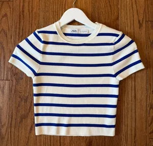 Zara white and blue striped cropped baby tshirt size M thumbnail 6