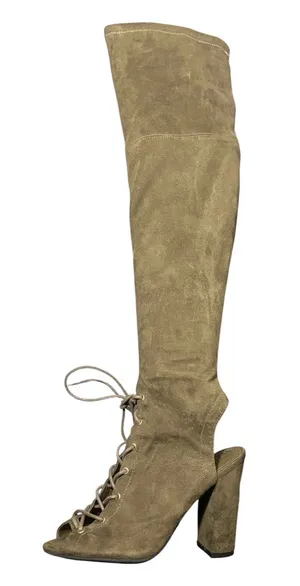 GUESS Over-the-Knee Lace-Up Peep-Toe Boots in Olive Green thumbnail 1
