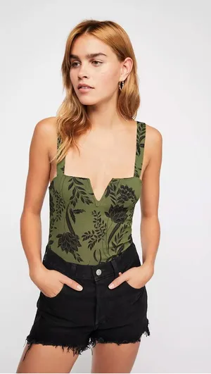 Intimately Free People Pippa Printed V-Wire Bodysuit in Army Combo sz. L thumbnail 1