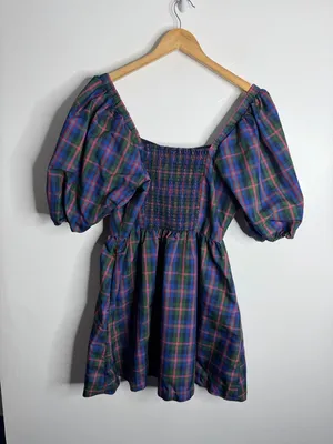 Old Navy Puff-Sleeve Blue Plaid Fit & Flare Taffeta Mini Dress Large Preppy Work thumbnail 3