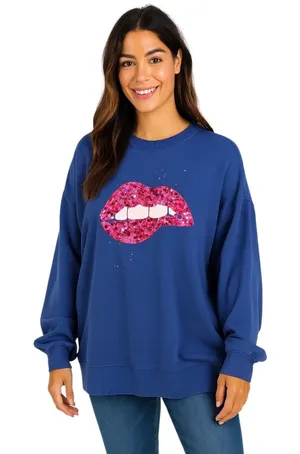 Cabana Crown & Ivy Large Sweatshirt Sequin Lips Pullover Crew Neck Blue‎ 850 thumbnail 1