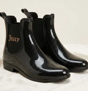 NWT Juicy Couture Black Sparkle Rain Chelsea Logo Boots SZ-9 thumbnail 1