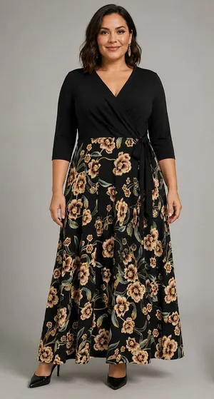 INC International Concepts Faux Wrap Floral Maxi Dress Womens 16 Black Jersey thumbnail 1