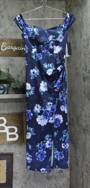 City Studios Womens Printed Off-The-Shoulder Dress Gown 5126AH9AT3 Navy Blue 12 thumbnail 1