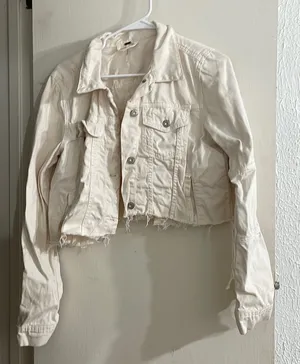 Free People White Distressed Cropped Jacket thumbnail 1