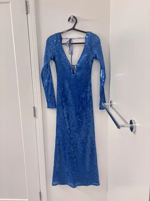 Bardot Verona Sequin Dress in a striking cobalt blue, featuring allover shimmering sequins and a delicate tie-front detail. thumbnail 2