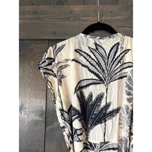 Tropical Palm Print Wrap Dress Cream Black Ruffle High Low Midi Small‎ thumbnail 5
