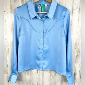 Something New Women's Long Sleeve Button-Up Satin Shirt Blue Size M Western thumbnail 3