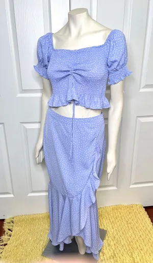 Red Dress Boutique Indigo Polka Dot Smocked Puff Sleeve Top & Ruffle Skirt Set thumbnail 7