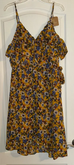 Love floral path mustard dress ruffle neck faux wrap dress 92534563 from glitzy girlz boutique NWT thumbnail 1