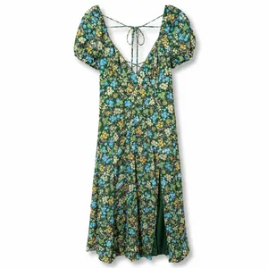 NEW Lulus Meadow Muse Green Floral Tie-Back Puff Sleeve Cottagecore Midi Dress thumbnail 6