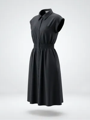 Black Button-Front Shirtdress with Smocked Waist‎ thumbnail 3