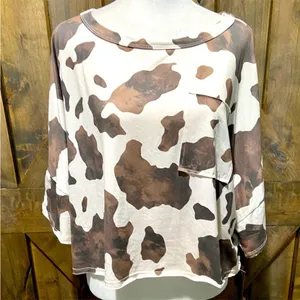NWT Peach Love California Brown and White Crop Fringe Cow Print Tee thumbnail 11
