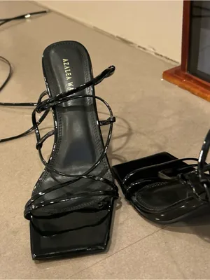 Azalea Wang Black Lace-Up Stiletto Sandals with Clear Heel thumbnail 3