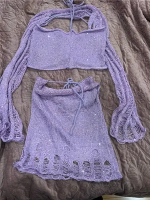 Handmade Lavender Knit three- Piece Crop Top & Skirt Set - Women Intimates & Sleepwear thumbnail 1