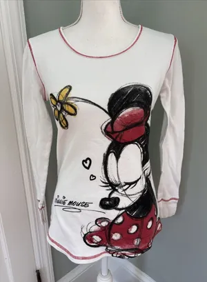 Disney‎ Small white Minnie Mouse waffle long sleeve shirt Henley thumbnail 1