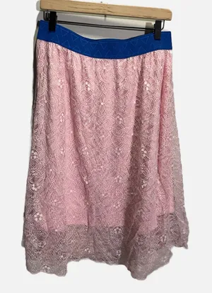 LuLaRoe‎ Lola Pink Floral Lace Midi Skirt Blue Elastic Waistband Large Womens thumbnail 1
