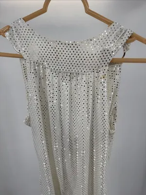 Lipstick Silver Sequin White Sleeveless banded Top ring detail L draped neck Y2K thumbnail 3