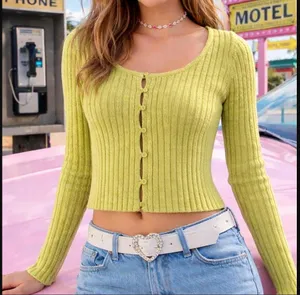 American Eagle Women's Size M Button-Front Cardigan Green-Yellow Cozy Cropped thumbnail 1
