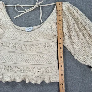 Lucy Paris Knit Puff Sleeve Blouse Women's XS Beige Ruffle Hem Tie Back Boho thumbnail 6