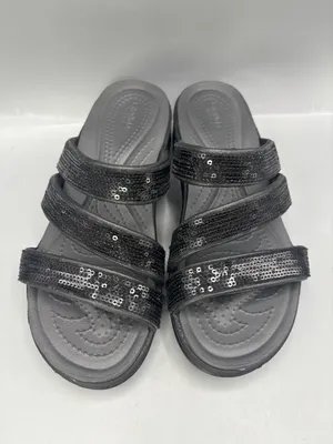 Crocs Boca Strappy Wedge Sandal Womens Black 6 Sequin Slip On Open Toe Comfort thumbnail 3