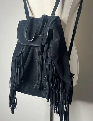 D2 DSQUARED Black Suede Fringe Backpack Western Boho Relaxed Low Hanging thumbnail 1