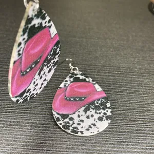 Boho SouthWestern Faux Leather Pink Cowboy Hat Milk Pattern Earrings thumbnail 3
