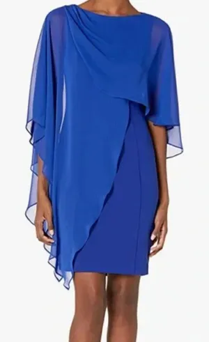 Eliza J‎ Chiffon Cape Draped Sleeveless Blue 4 Sheath Evening Dress thumbnail 1