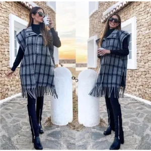 ZARA Plaid Wool Blend Oversized Poncho‎ Fringe Hem size XS thumbnail 2