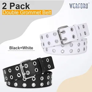 Korean style leather double hole belt black with chain fashion white belt thumbnail 2