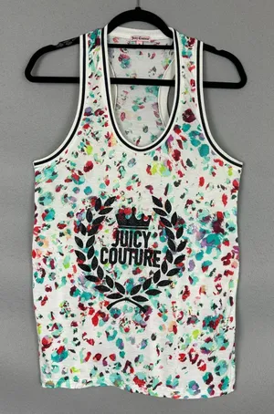 Juicy Couture White Print Racerback Tank Top M Glitter Crest Logo Y2K Colorful thumbnail 1