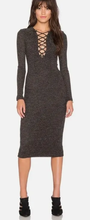 Bardot Romeo Lace Up Dress in Black and Gold midi‎ sz 8 thumbnail 1