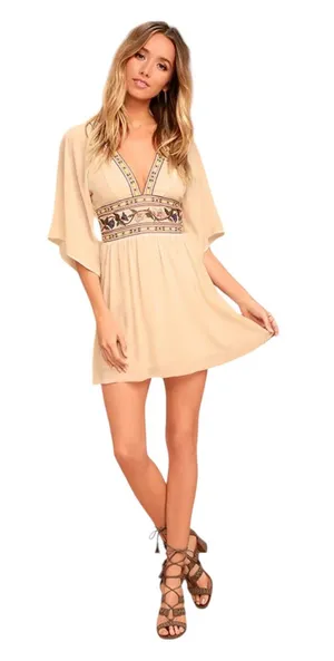 Lulus Reign Check Pale Peach Embroidered Dress Mini Boho Womens Medium NEW thumbnail 1