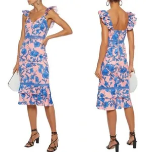 Alice + Olivia Jade Ruffled Floral Midi Dress Coral Blue Lace‎ Illusion Size 12 thumbnail 2