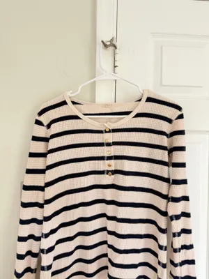 J. Crew Womens Waffle Thermal Henley Top Shirt Striped Blue Ivory Gold Button M thumbnail 3
