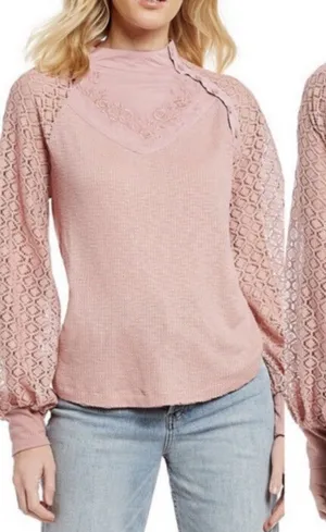 Free People shirt Sweetest Thing Thermal Blush pink XS embroidered thumbnail 1