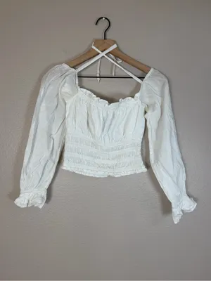 With Jean Fonda Top Long Sleeve Smocked Blouse White Small $219 thumbnail 9