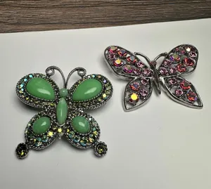 Rhinestone Butterfly Insect Brooch Pin Lot Of 2 Silver Tone 1 Green & 1 Pink thumbnail 1