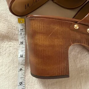 Wild Pair 3 Chunky Cappuccino Brown wooden platform clogs with gold stud details & a boho vibe thumbnail 7