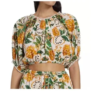 Farm Rio Biriba Fruit Puff-Sleeve Crop Top in Off White Size Small New $140 thumbnail 4
