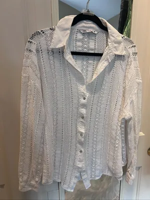 Zara White Crochet Button-Front Top thumbnail 1