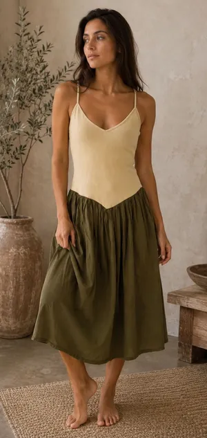 Maeve Anthropologie Ribbed Drop Waist Midi Dress Olive Green Cream Large thumbnail 1